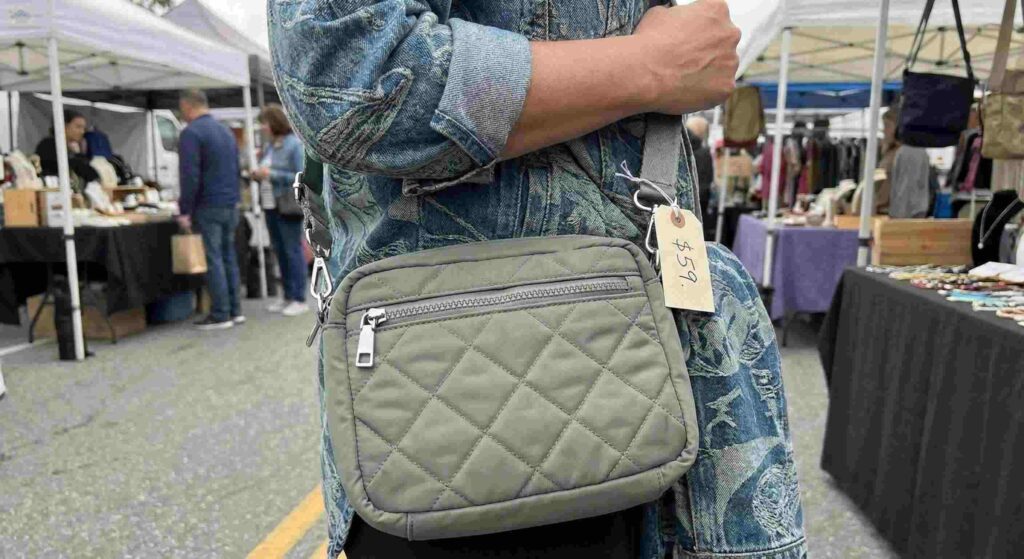 Real customer photo – Loft Quilted Crossbody in Sage, $59