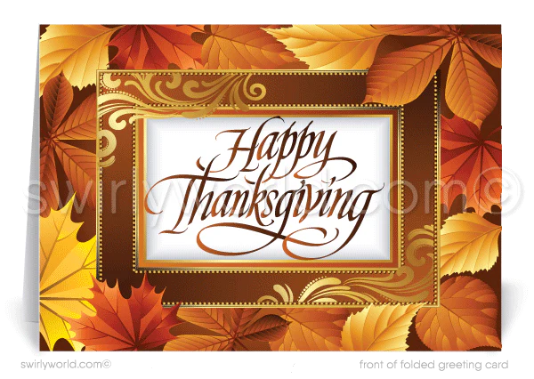 Business Thanksgiving Card with Golden Fall Leaves and "Happy Thanksgiving" Banner: Customizable Options