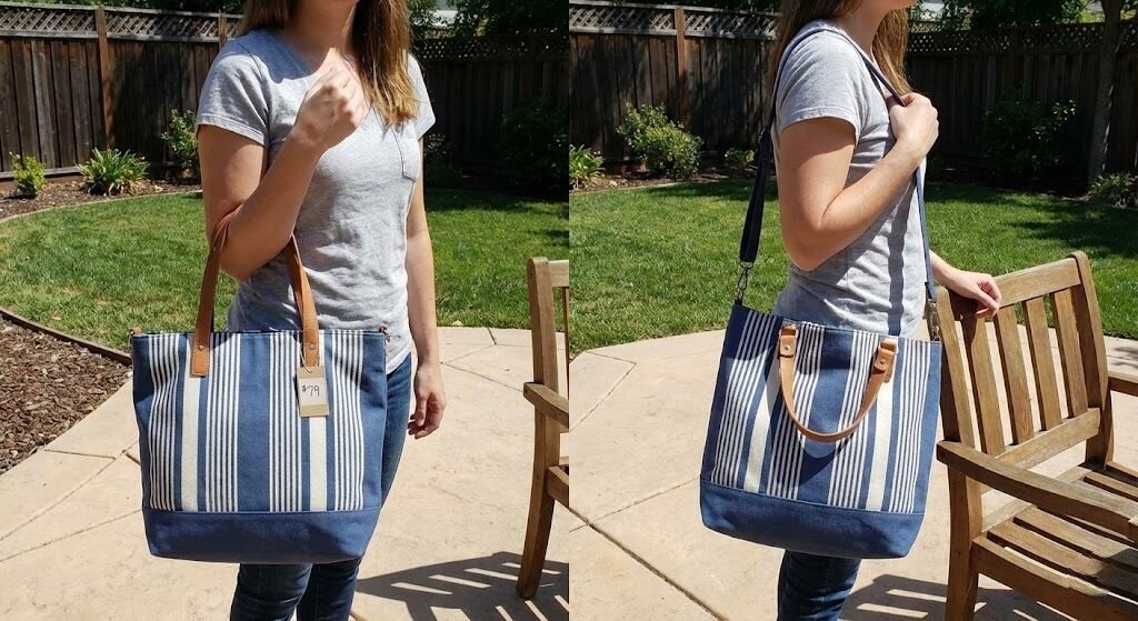 One bag, two ways – Loft Striped Convertible Tote, $79