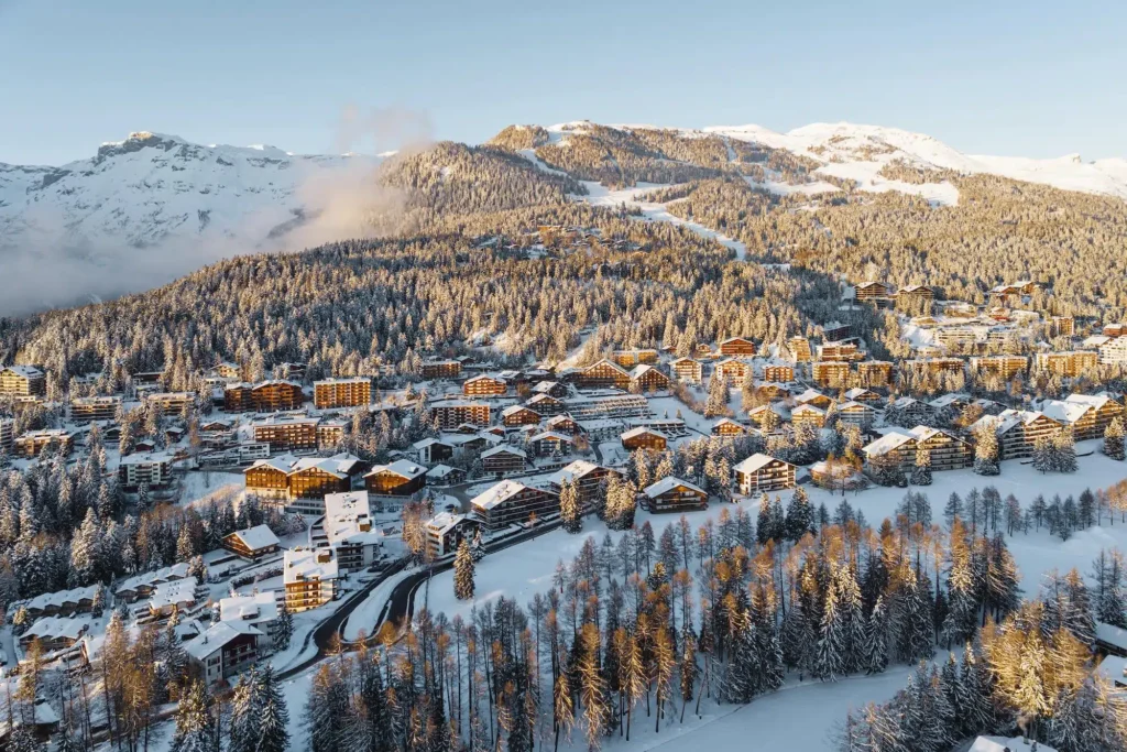 Aerial view of the famous Crans Montana ski resort in the Swiss ...